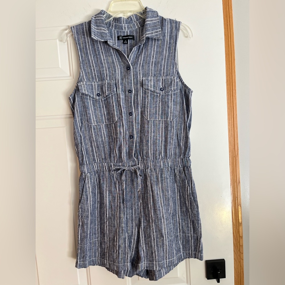 INC International Concepts tie waist linen blend blue stripe romper. Size medium